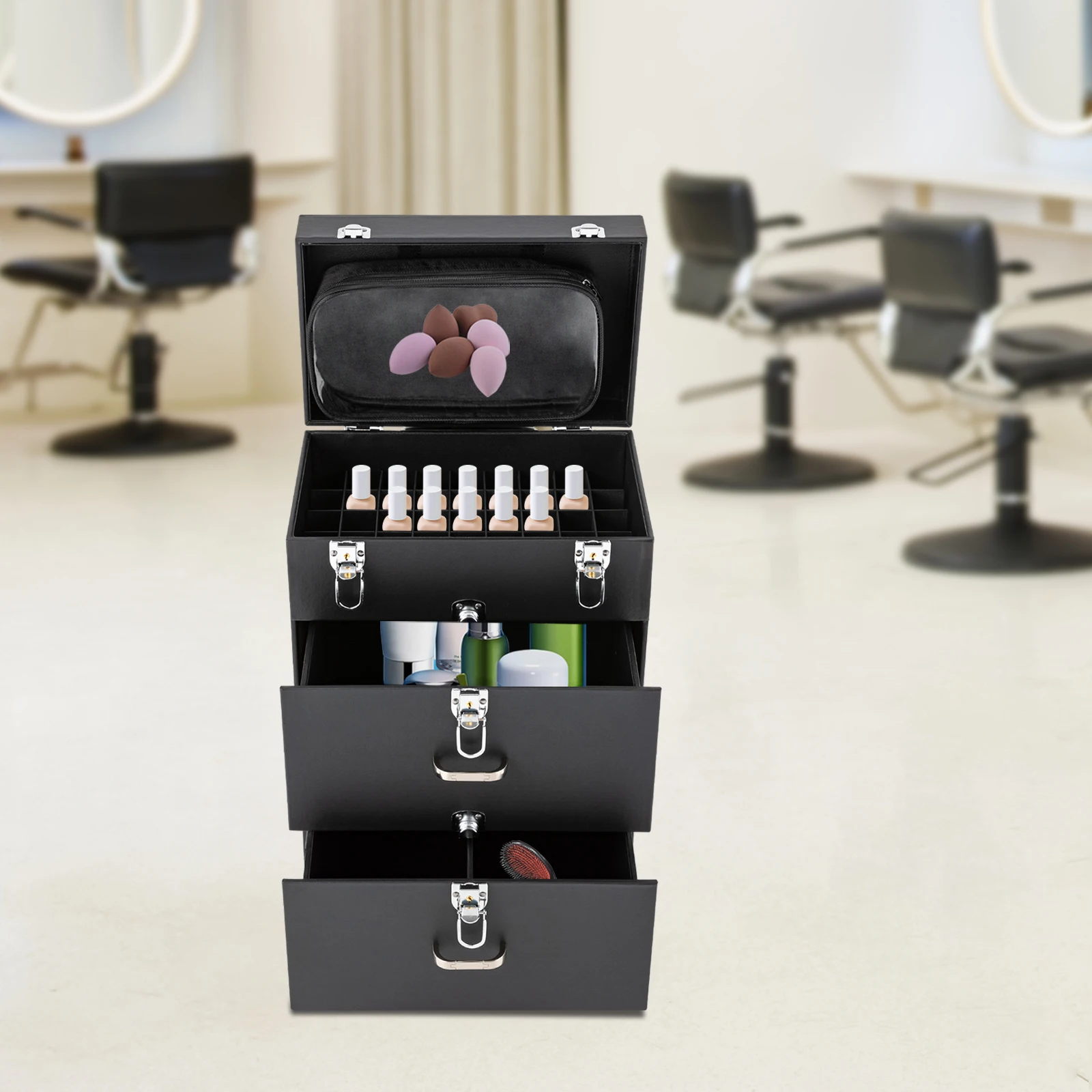 Professionele Rollende Make-Up Case Met Wielen-Grote Capaciteit, Afsluitbare, Meerlaagse Reis Cosmetische Trolley In Zwart