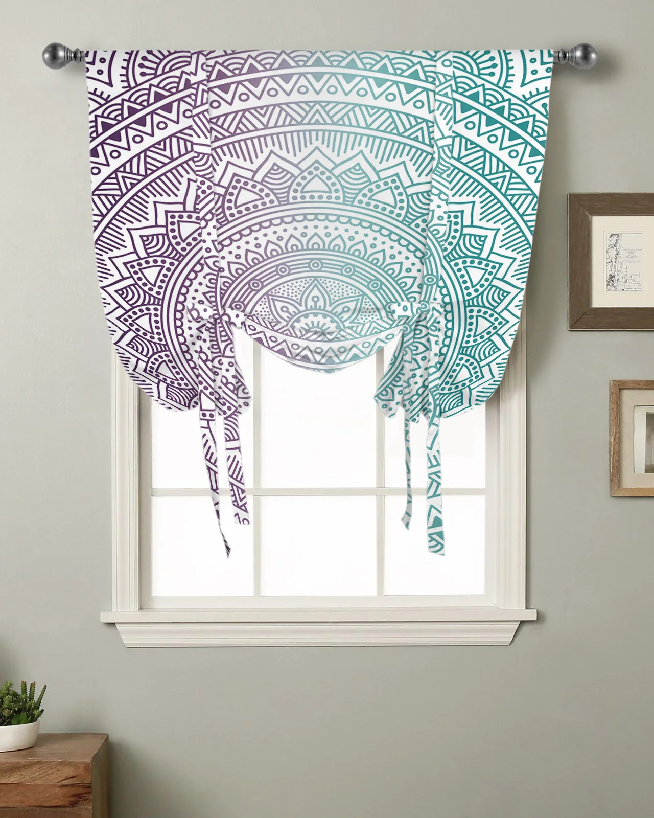 Curto Janela Cortina com Mandala e Gradiente Geométrica, Pequenas Roman Tie Up Cortinas para Cozinha, Modern Home Decor, roxo e turquesa