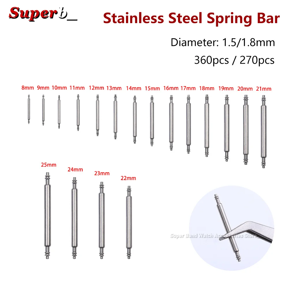 360pcs/set Dia 1.8mm/1.5mm Metal Link Pin Watch Repair Tools Strainless Steel Spring Bars Length 8mm- 25mm Watch Band Strap Pins