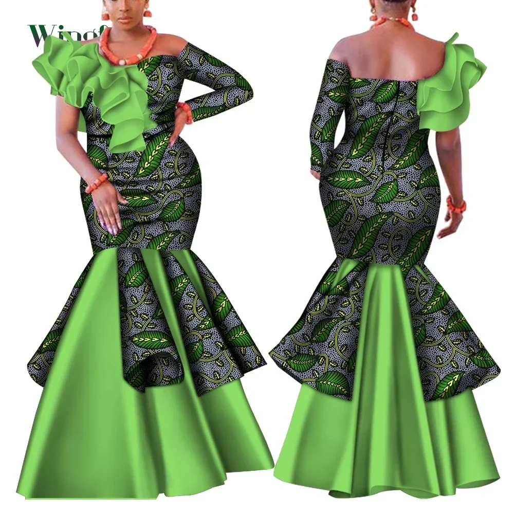 Dashiki Afrikanisches Kleid für Frauen Bazin Riche One-Shoulder Sexy Slash Neck Hochzeitskleid Traditionelle afrikanische Kleidung WY4224