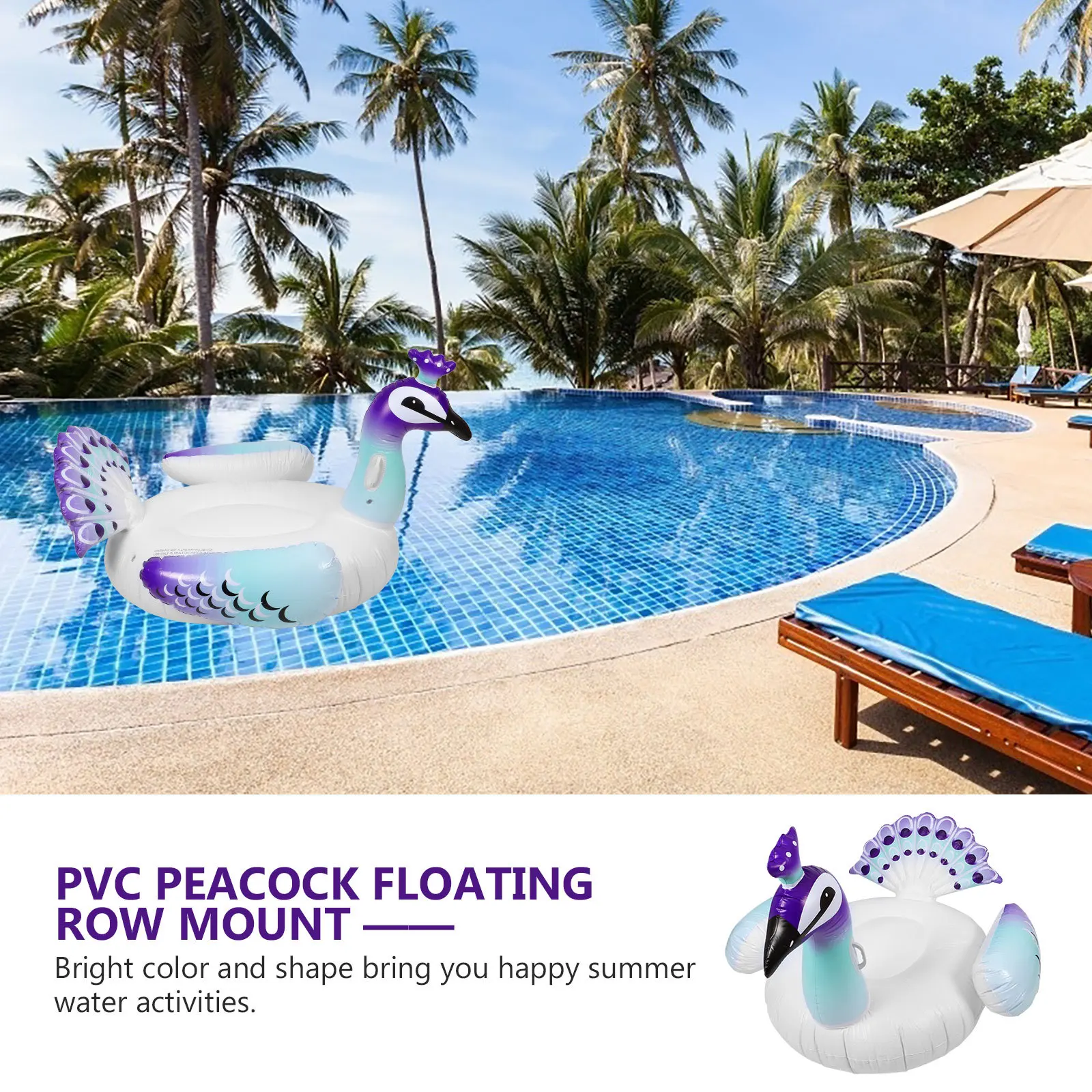 Inflatable Peacock Mount Lounge Chair Pool Float Floating Recliner for Adults Swimming Ring Bright Color Foldable Storage Beach