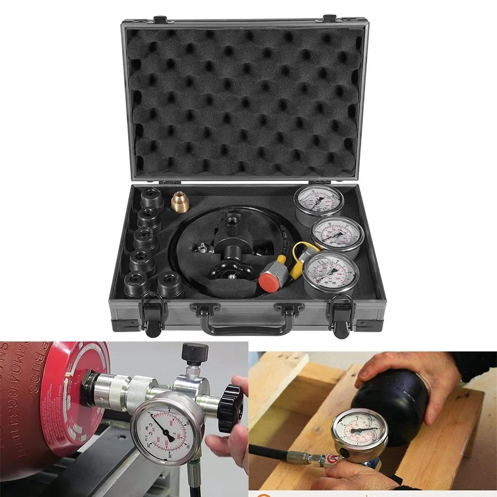 

GK-01 Hydraulic Nitrogen Accumulator Nitrogen Pressure Test Kit Gas Charging Tools 3 Gauges 7 Adapters Hydraulic Test Gauge Kit