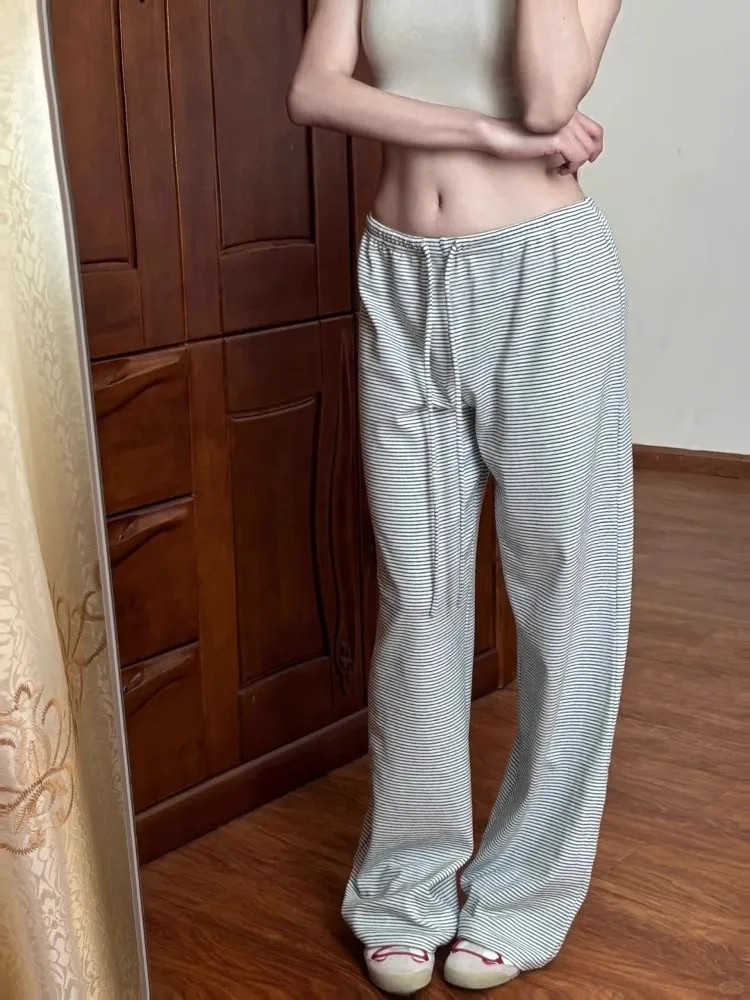 Pantalones informales de pierna ancha y cintura baja para mujer, pantalón fino, holgado, deportivo, para caminar, coreano, Bla, rayas blancas, corte holgado, novedad de verano