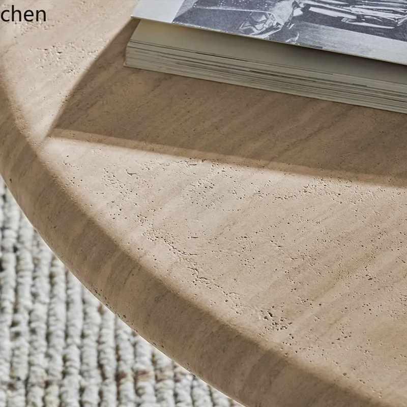 YFY  Round Coffee Table for Living Room Minimalist Imitation Travertine Coffee Table