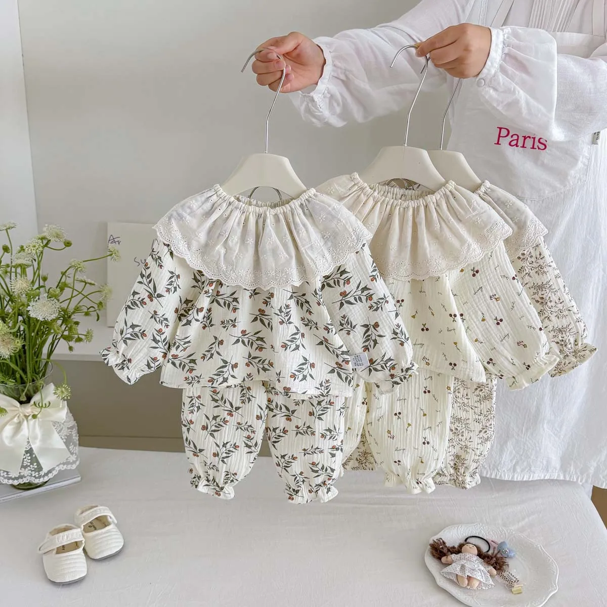 2026 New Fall Girls 2Pcs Set | Toddler Cherry Floral Print Top + Pants Outfit | Lace Large Lapel Collar Loose Cotton Suit