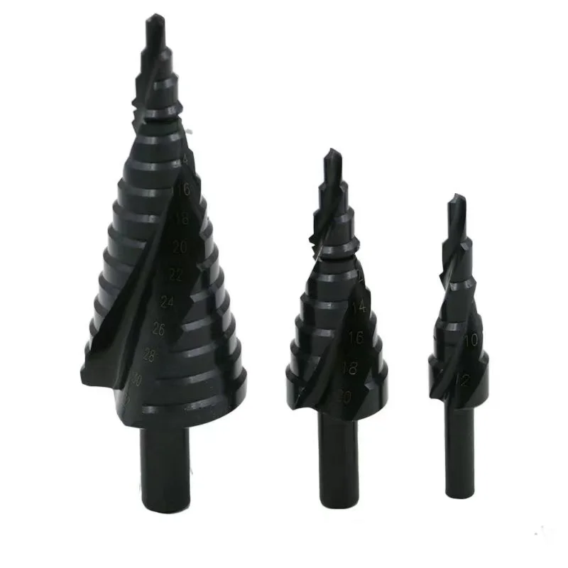 Cobalt Step Drill Bit Set 3Pcs HSS Nitrogen Spiral For Metal Wood Working Triangle Shank Hole Black 4-32mm 4-20mm 4-12mm