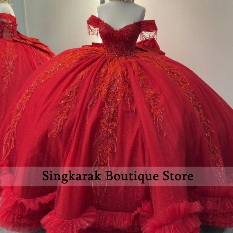 

Красное блестящее платье Quinceanera с открытыми плечами, аппликация, кружево, бисер, кристалл, бант, тюлевое платье для вечеринки, дня рождения, сладкое платье 16, Vestidos