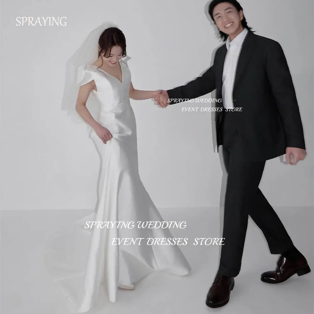 

SPRAYING Simple V-Neck Long Korea Wedding Dress Satin White Bridal Gown 2025 Mermaid Trumpet Wedding Photos Shoot Wedding Robe