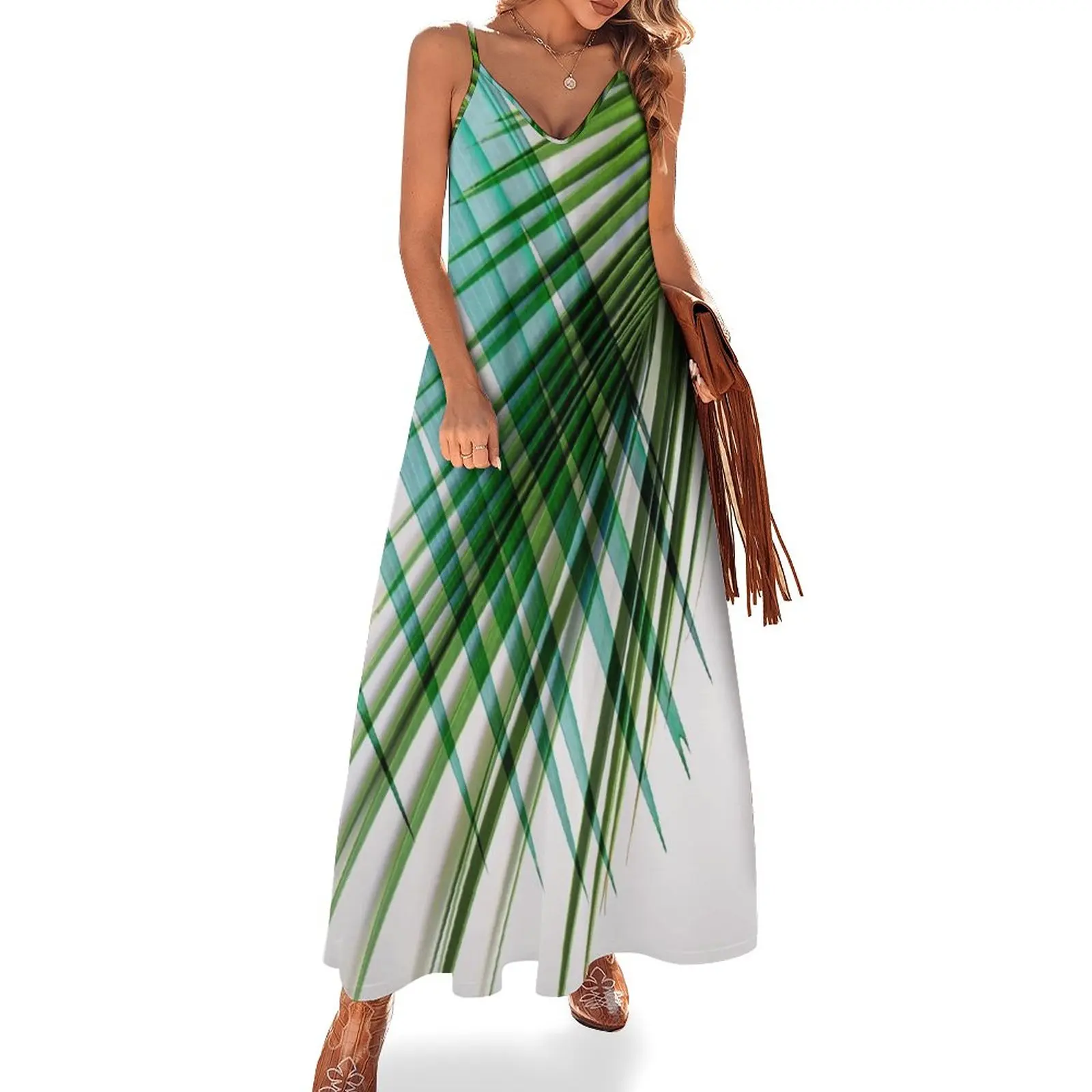 Blue Green Tropical Palm Leaves Sleeveless Dress evening dresses women dress party night Dress