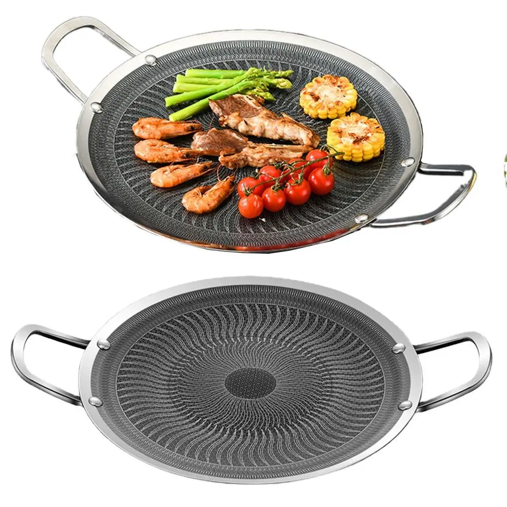 Round Nonstick Barbecue Plate Thickened Bottom Stainless Steel BBQ Grill Pan Easy To Clean Portable Roasting Tray Camping