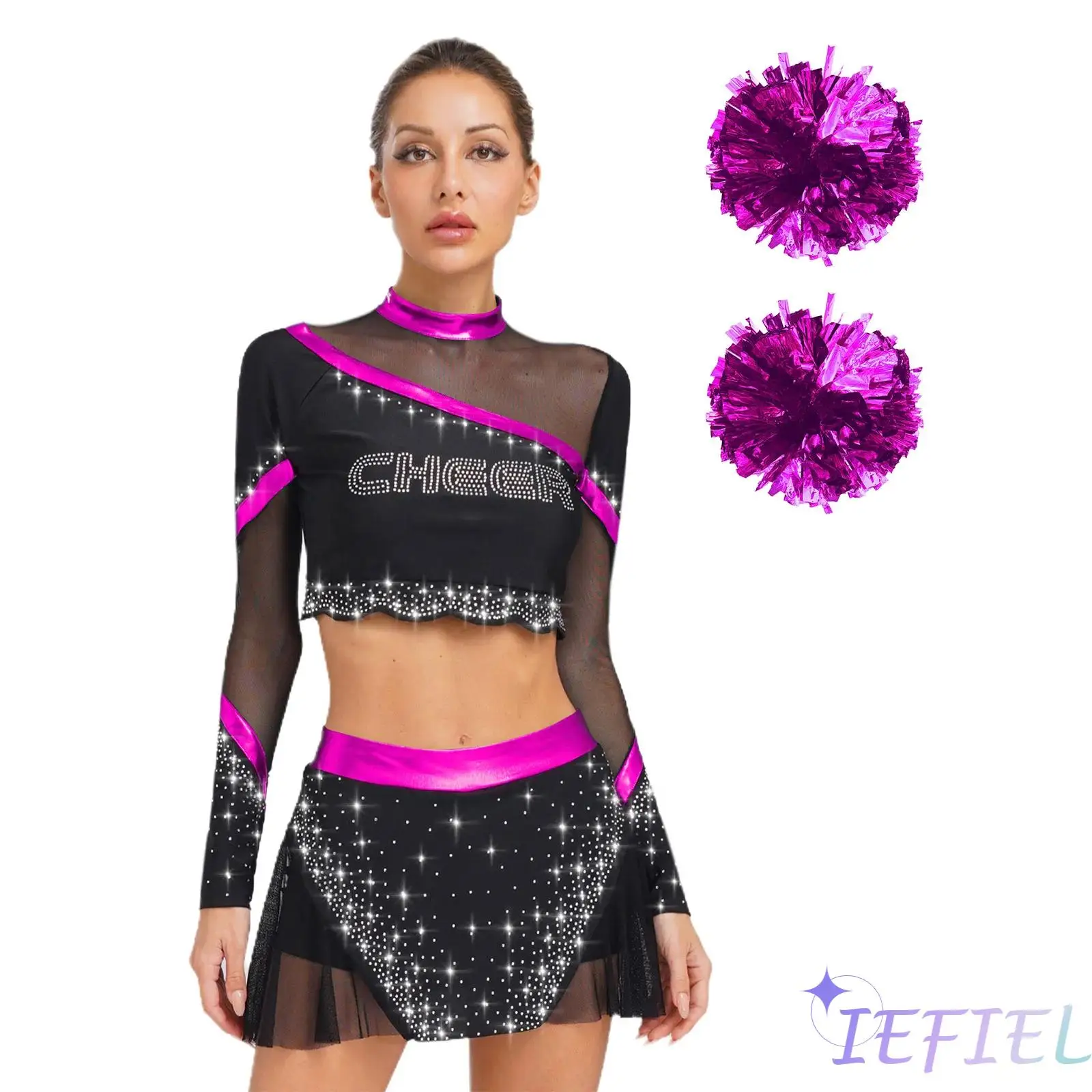 Tenues de pom-pom girl pour femmes, haut court à paillettes à manches longues avec jupe de danse et ensemble de fleurs à la main, Costume de spectacle de pom-pom girl