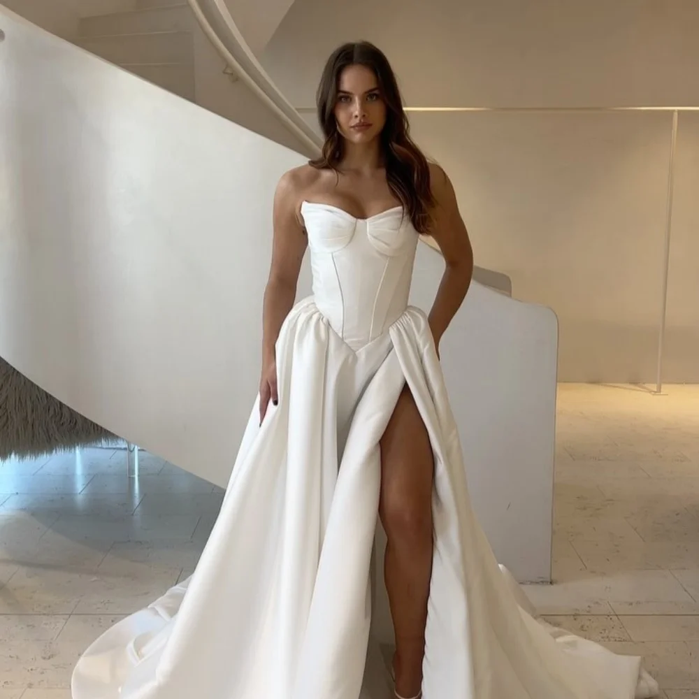 Cathy White Side Slit Satin Strapless Wedding Dresses A-line vestidos de noche Sleeveless Party Customized Formal Evening 2024