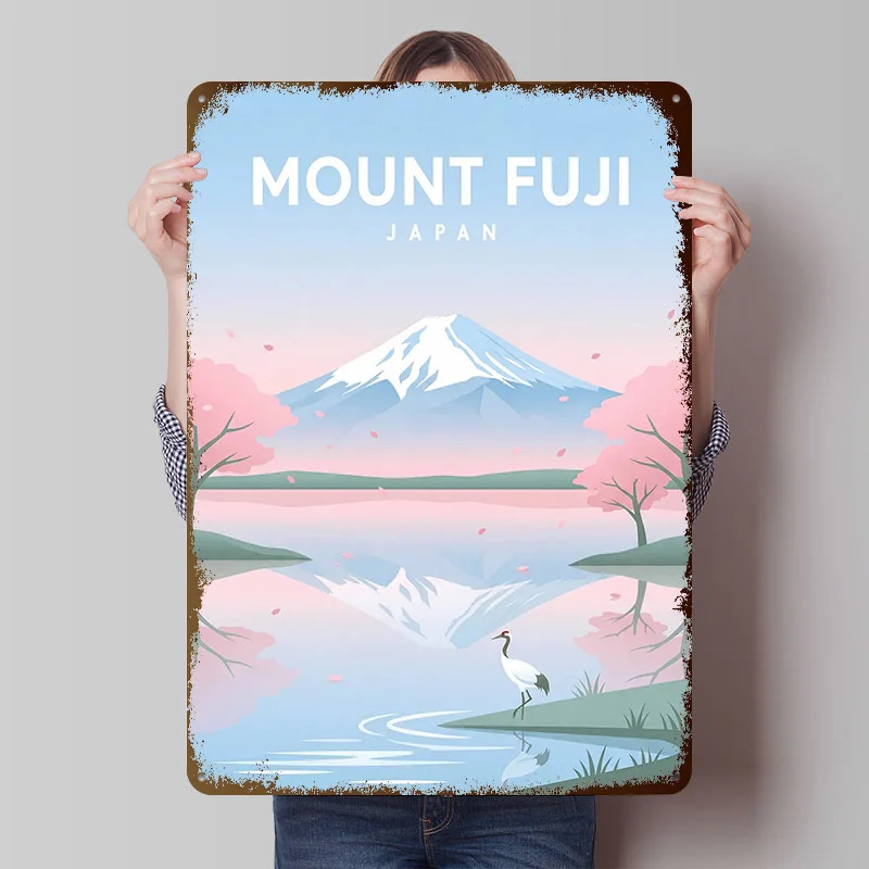 Mount Fuji mit Kirschblüten bedrucktes Poster, individuelle Wandkunst, Retro-Vintage-Metallblechschilder für luxuriöse Dekoration, Gaming