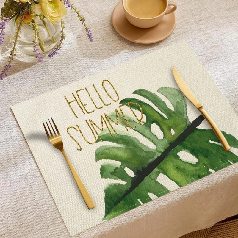 Beige Monstera Leaf Hello Summer Placemat Gold Text Tropical Plant Print Cottagecore Summer Table Decor