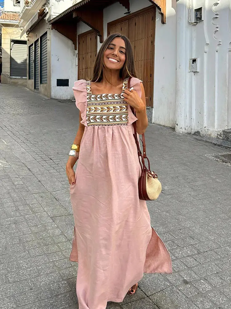 

Square Necked Flying Sleeve Loose Long Dress Printed Patchwork Split Maxi Robes 2024 Summer Fashion Ladies Holiday Dresses