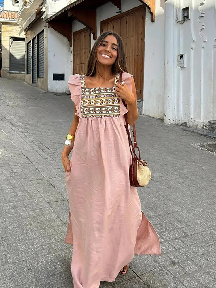 Square Necked Flying Sleeve Loose Long Dress Printed Patchwork Split Maxi Robes 2024 Summer Fashion Ladies Holiday Dresses