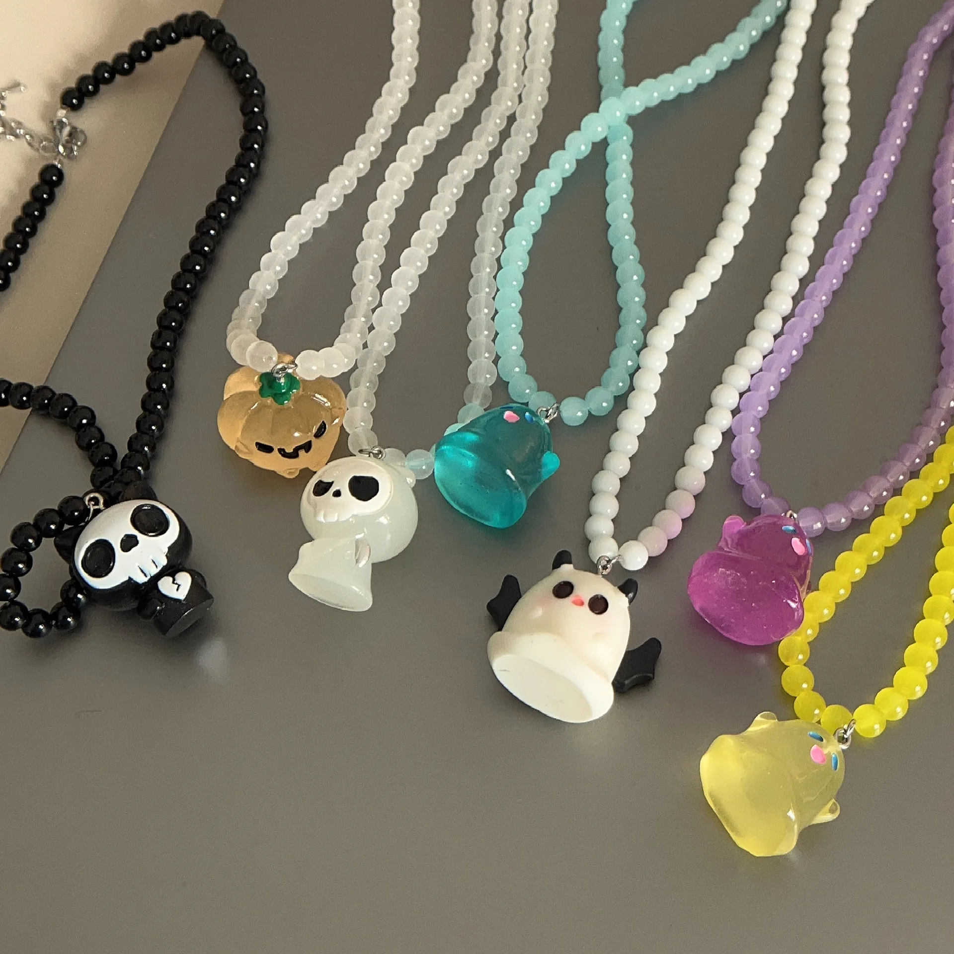 Europe and America Multi-color Resin Beading Q-version Pumpkin, Ghost Pendant Necklace UNISEX Halloween Hip Hop Party Necklace