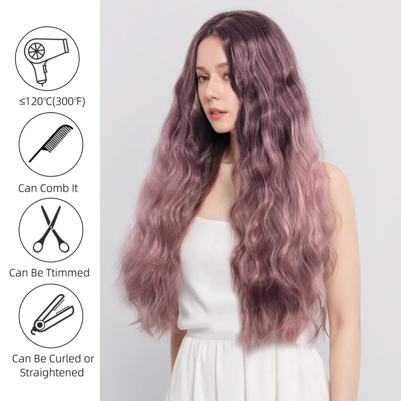 Fashionable European and American style women's pink wig with highlights, dark roots, heat-resistant, pre-plucked synthetic lace