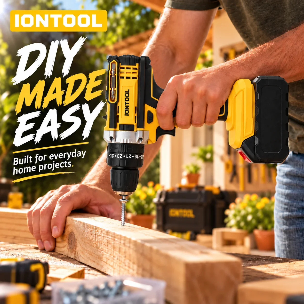 IONTOOL Yellow Cordless Drill 45N.m For Furniture Assembly and Cabinet Installation and Shelf Mounting and Wood Drilling