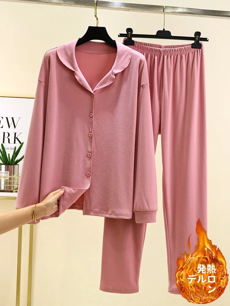 Thiened Fce Spwear Set Women's Winter Home Clothes Casual Long Sve Buttoned Dr plus Size Comfortable Two-Piece Set