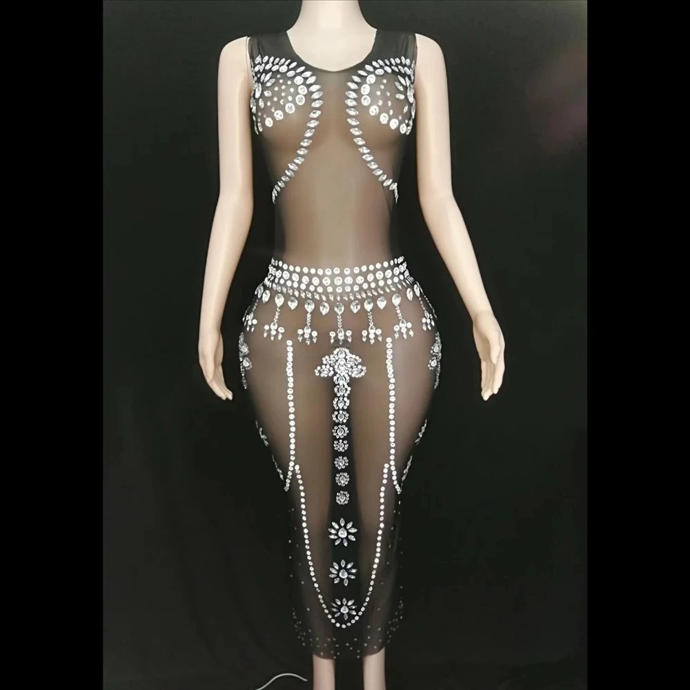 Traje de cantante de lujo negro, vestido largo Sexy sin mangas, malla transparente, vestido de noche para Celebración de cumpleaños, traje de fiesta, ropa de escenario