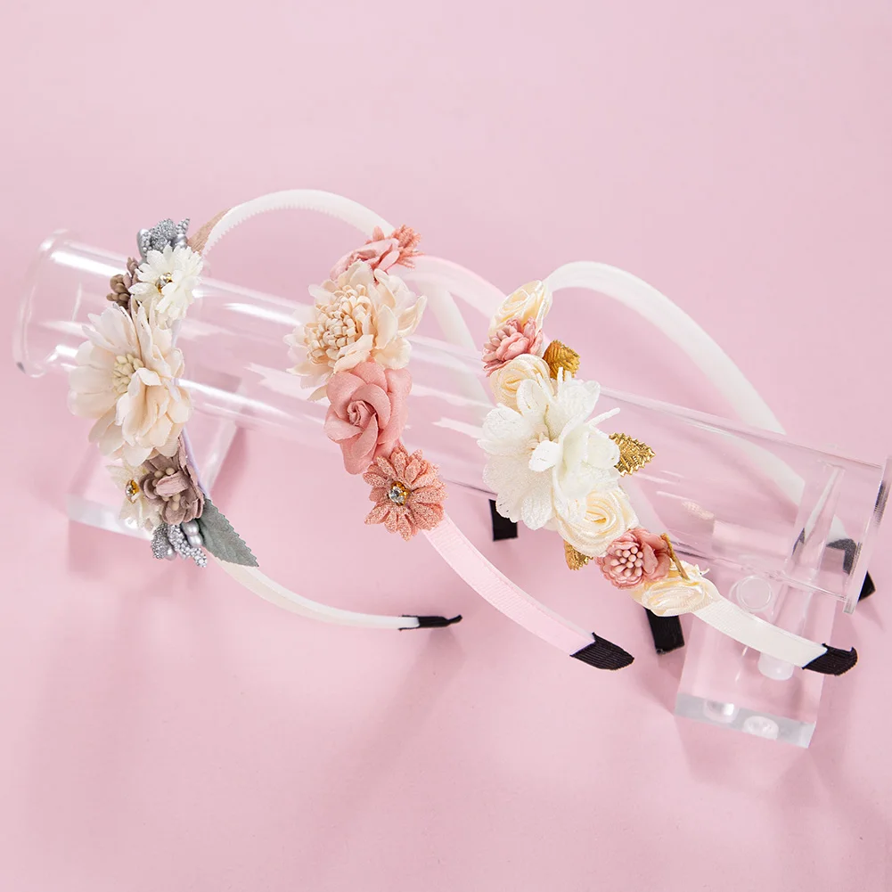 

Искусственные цветочные повязки для волос, модные обручи для волос с искусственными цветами и стразами, аксессуары для девочек-принцесс, шелковые розы, детские головные уборы