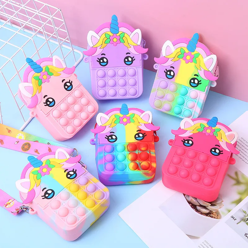 Girls Toys Silicone Cute Unicorn Messenger Bag Coin Purse Children's Decompression Pop Fidget Toys