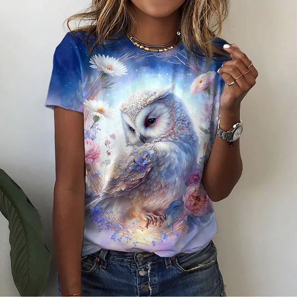 Women\'s T-Shirts Owl Cartoon Characters Cute 3d Print Pattern Tshirt Cartoon Animal Casual Short Sleeve O Neck Female Clothing