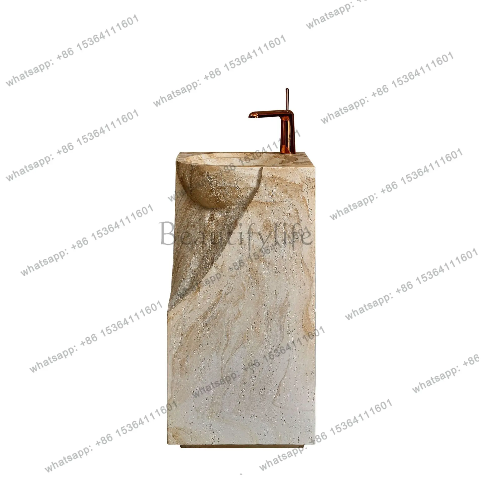 Modern simple natural travertine granular column basin small apartment integrated floor imitation marble pattern hand wash basin