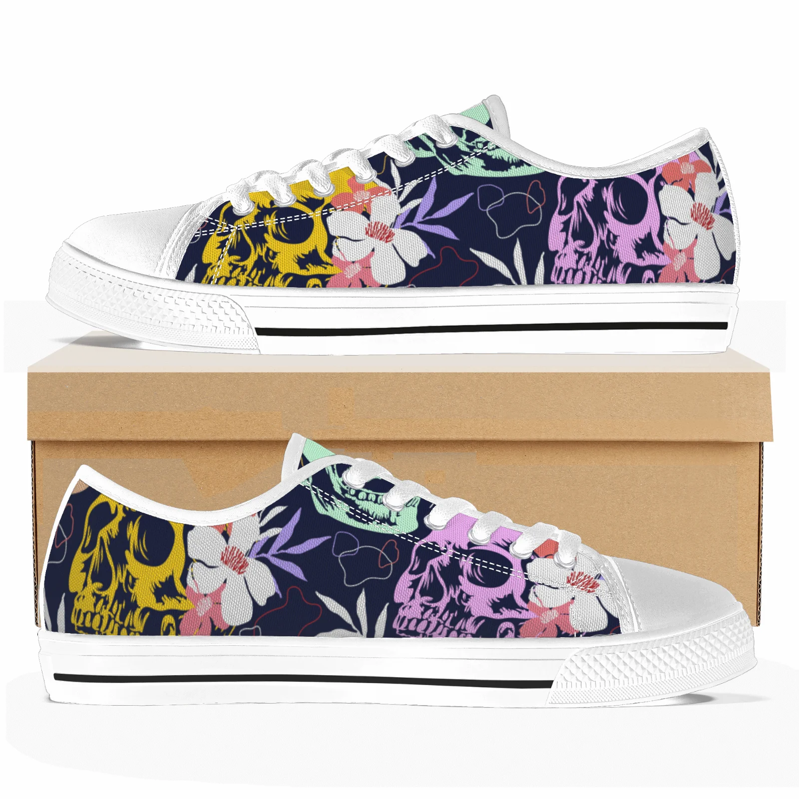 

Custom Shoes Skull Floral Pattern Classic High Top Canvas Shoes Vulcanized Shoes Flats Sneakers High Quality Footwears