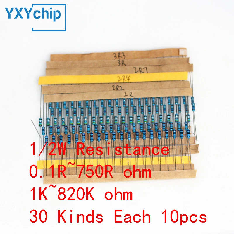 1/2W 0.5Watt 1% Weerstand Set 0.1r ~ 750r Ohm, 1K ~ 820K Ohm, Metalen Film Weerstand Weerstand Assortiment Set 30 Soorten Elk 10 Stuks