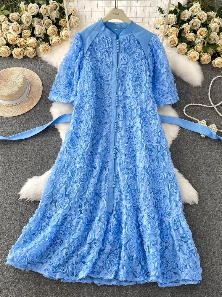 Luxury 3D Flower Prom Formal Dress Women Summer Autumn Loose Big Size A Line Pleated Single Breasted Midi Long Party Dresses