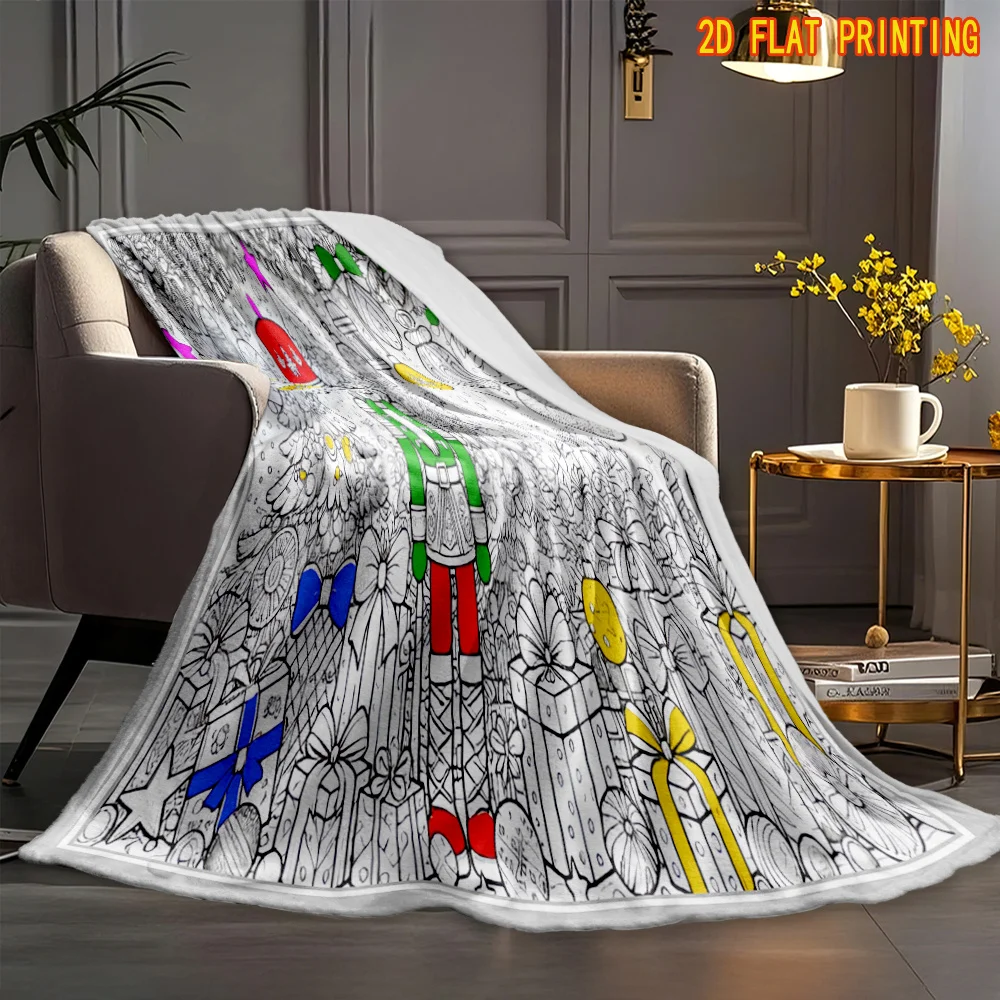 Nutcracker Coloring Throw Blanket Xmas Tree Gift Bauble Line Art Print Soft Flannel for Bedroom Sofa DIY Christmas Decor Gift