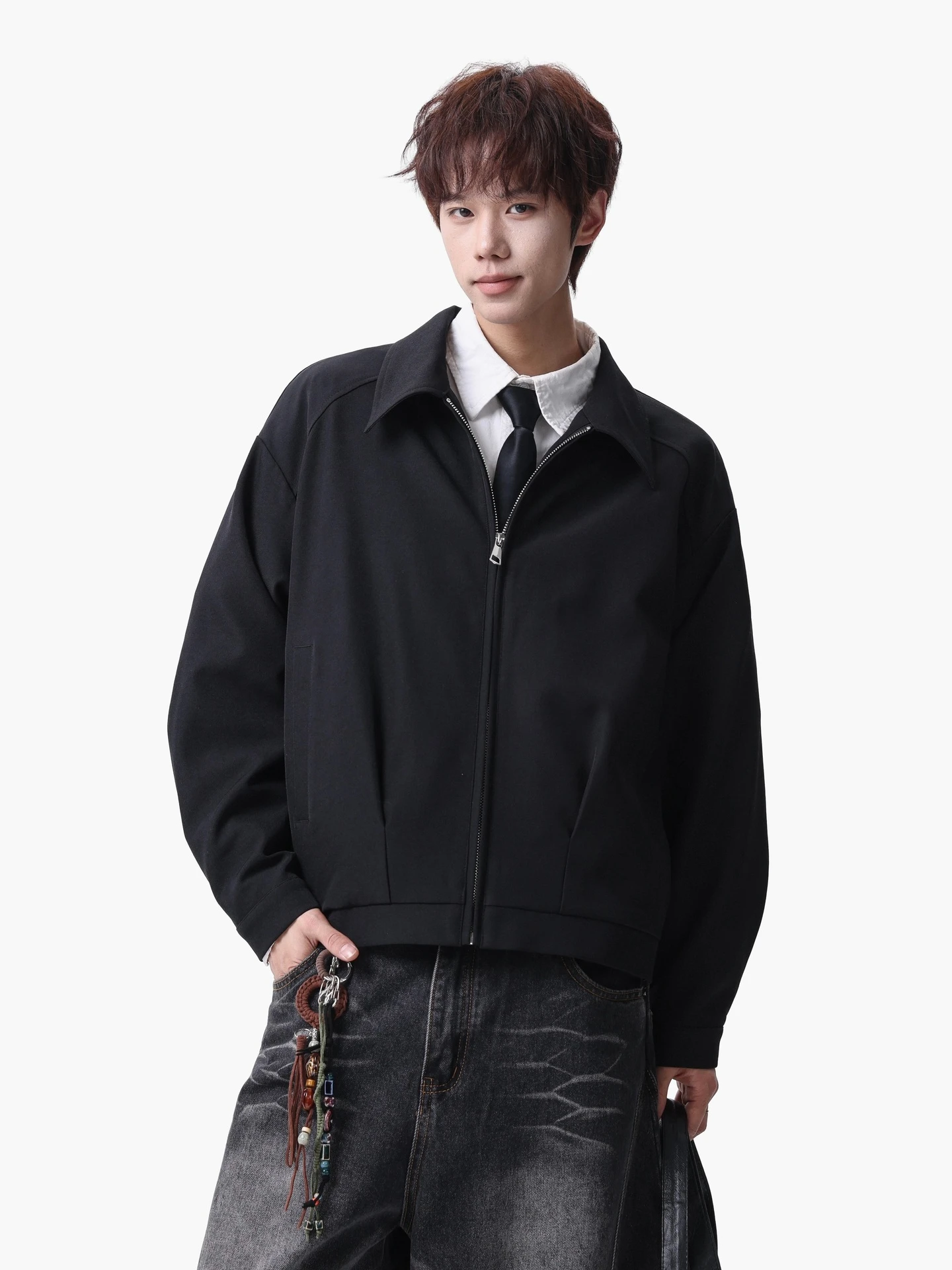 

Casual Loose Fit Pure Color Men's Jaet Vintage Turn-down Collar Outerwear Versatile Spring Polyester Fiber Zipper Closure