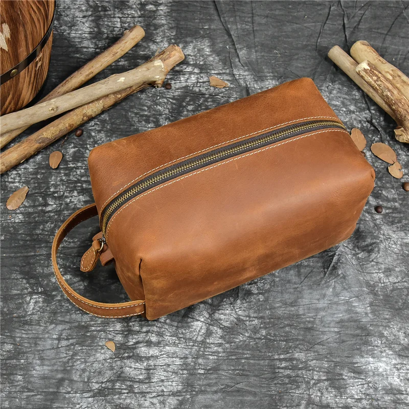 

Men Women Genuine Leather Wash Bag Toiletry Organizer Toilet Cosmetic Travel Purses Male Female Dopp Kits