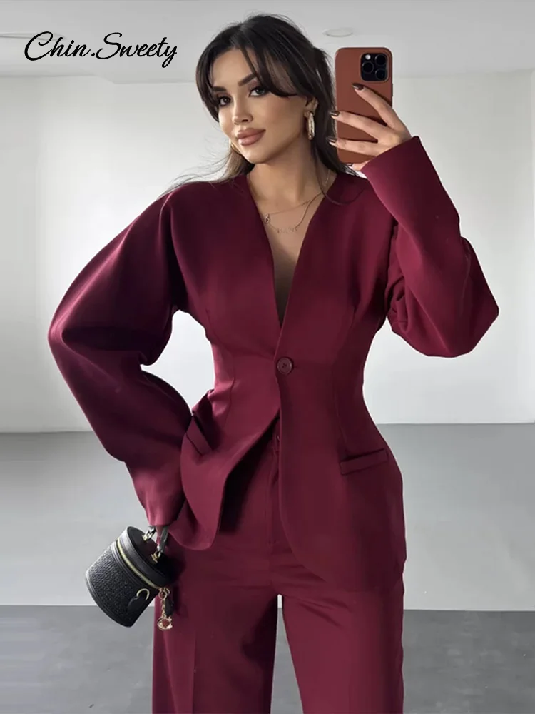 Blazer elegante, conjunto de 2 piezas para mujer, manga larga abombada, cuello en V, abrigo con un botón, pantalón con cremallera, traje de primavera 2025, prendas de vestir sólidas para oficina para mujer