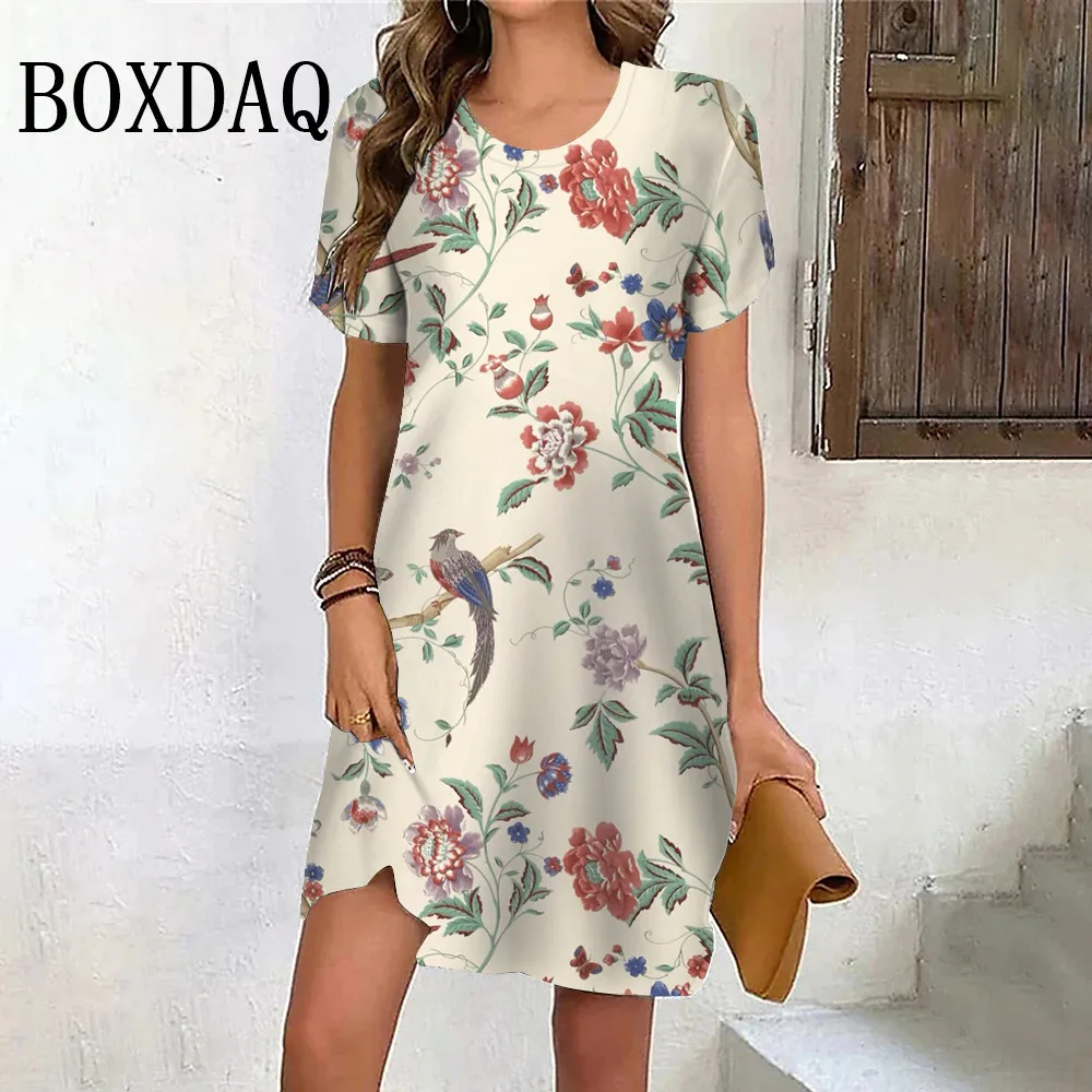 Summer Retro Painting Bird Flower Dresses 3D Printed Women's Dress New Short Sleeve Casual O-Neck Loose Mini Dress Plus Size 6XL