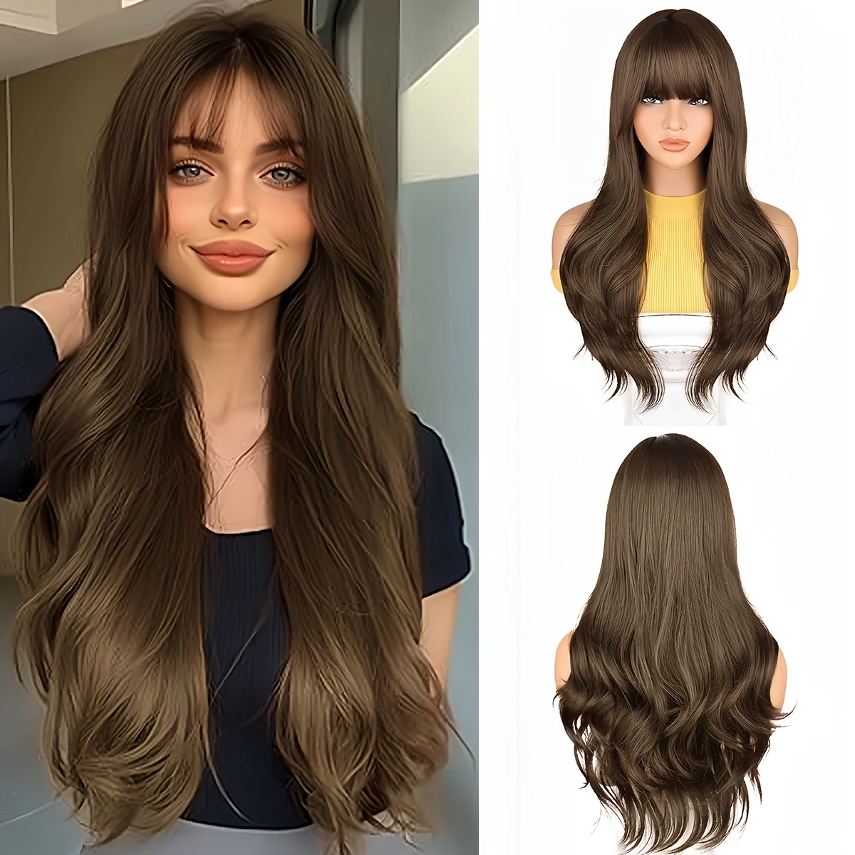 1 stylish dark brown curly wavy wig with bangs, high density rose mesh cap, Cosplay and special occasions