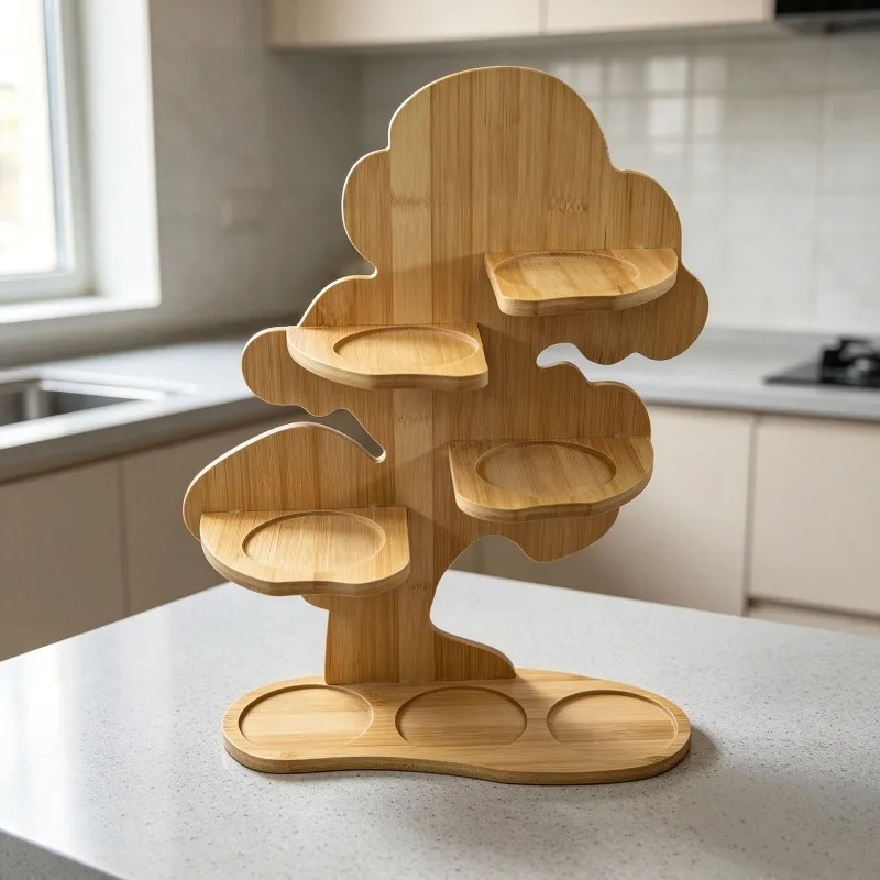 Tree-shaped bamboo seasoning, rack glass seasoning jar kitchen countertop salt jar spice storage rack with wooden spoon 450ml
