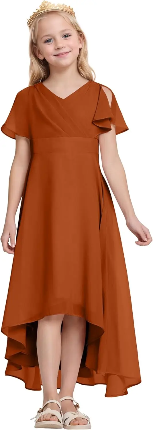 

A Line Junior Bridesmaid Dress V-Neck Ruffle Sleeves High Low Chiffon Dresses for Teen Girls Wedding Prom Party Girl Dress