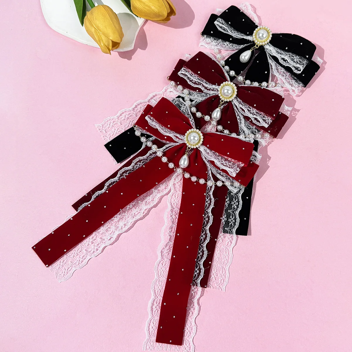 

24 Dot Spot Velvet Bow Hair Clips with Pearl Buttons And Long Tassels Lace Trim Side Clips for Women And Girls Bulk Headwear