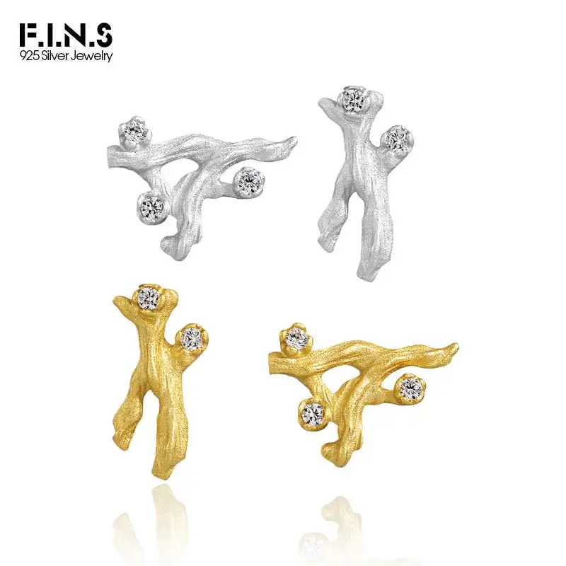 F.I.N.S Irregular Zircon S925 Sterling Silver Earrings Branch Design Matte Gold Piercing Ear Studs Fashion Fine Jewelry Gifts