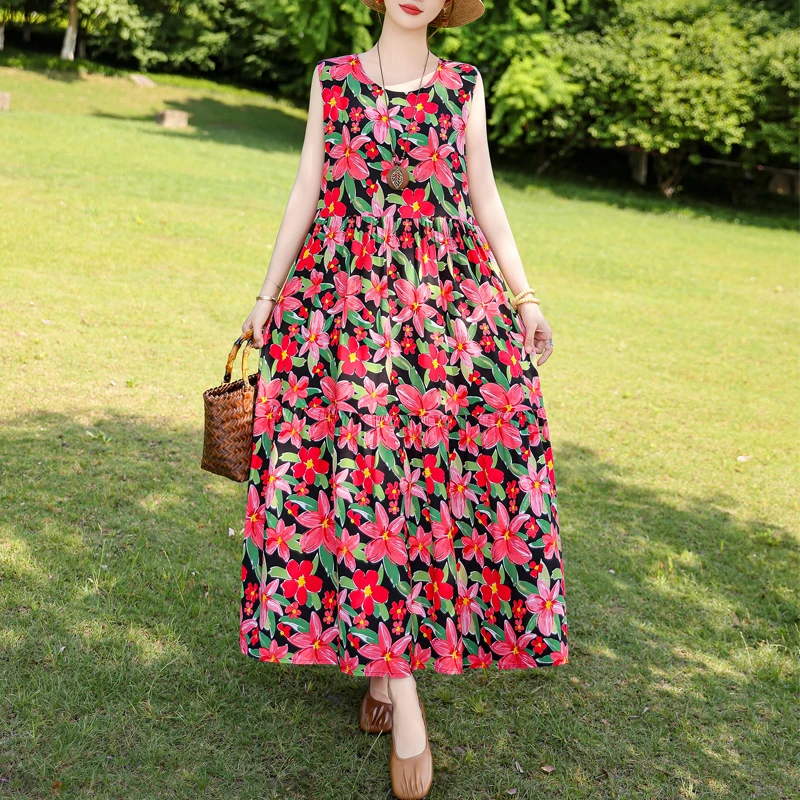 Vintage Floral Print Maxi Dress Women Boho  Sleeveless Long Sashes Dress plus size Casual Shirt Dresses Robe