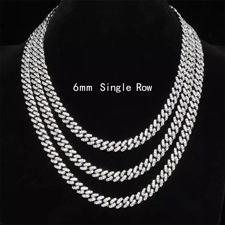 Bling Hip Hop Chain 6mm 10mm Single Row 925 Silver Necklace Pass Diamond Tester Moissanite Necklace Cuban Link Chain