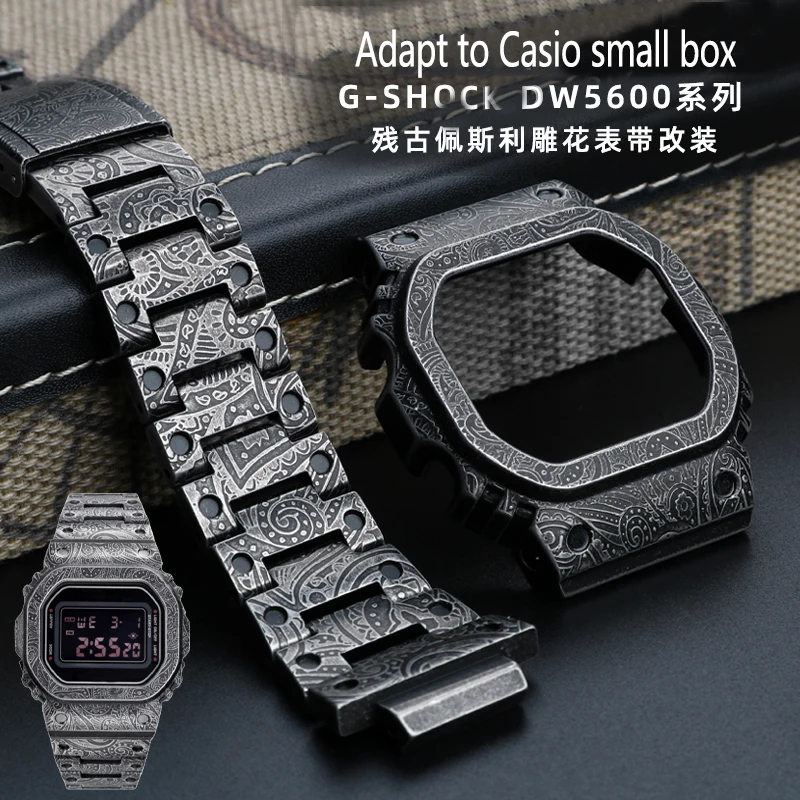 

For Casio G-SHOCK DW5600 GW-B5600 GWM5610 Retro Old Paisley Carved Watch Case Refined Steel Watch Band Modification Accessories