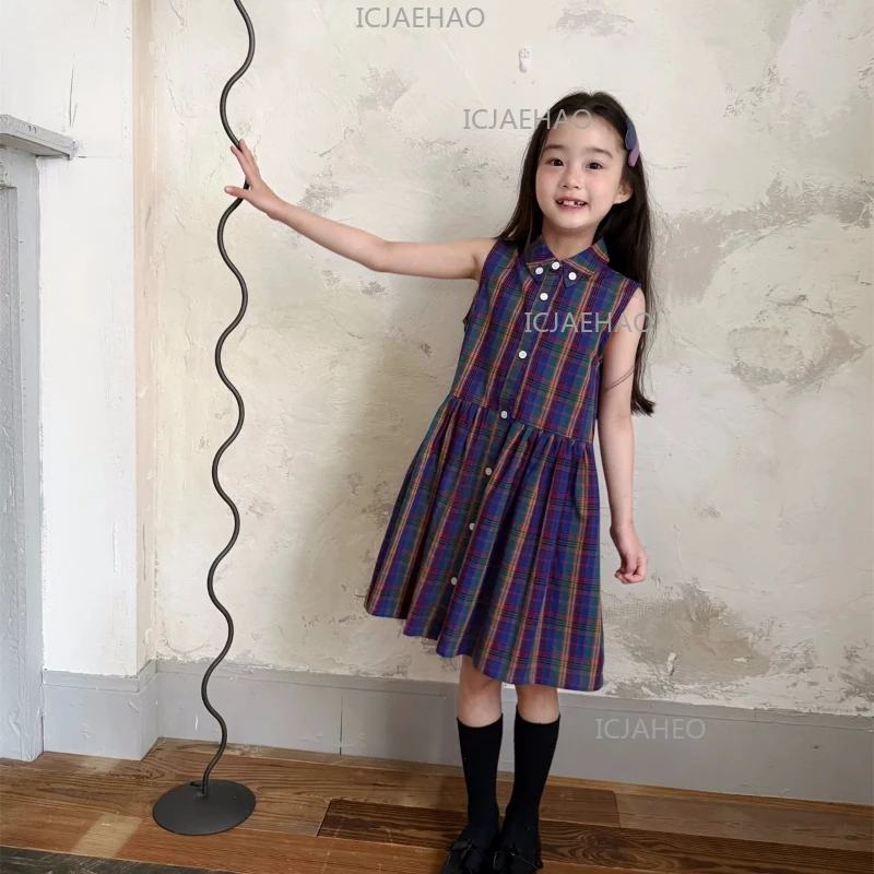 

Hand Smocked Girl Vest Smocked Embroidery Dress Kids Casual Outfit Dress Vintage Cotton Preppy Plaid Collar Girls Sleeveless