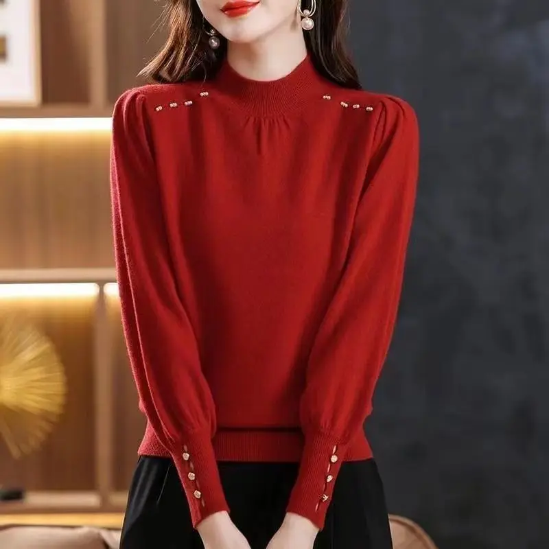 Women Korean Fashion Beaded Elegant Knitted Sweater Autumn Winter Solid Long Sleeve Loose Pullover Tops Half High Collar Jumpers