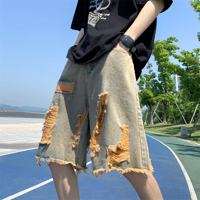 

Men's Summer Thin Denim Shorts Casual Loose Fit Tear Style American Heavyweight Pants mid Waist Zipper Fly Youth Trend