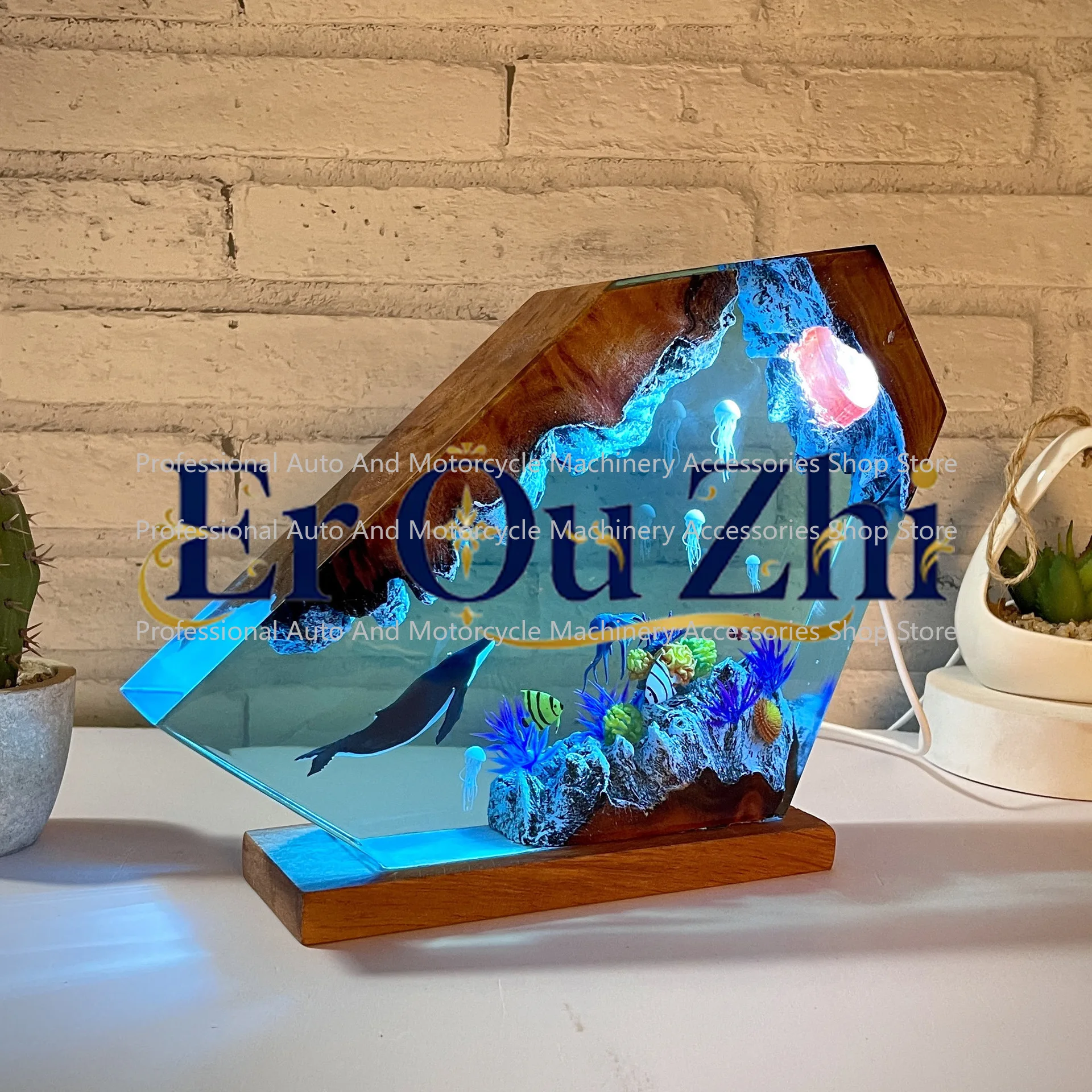 Humpback Whale and Jellyfish Resin Night Light Epoxy and Wooden Ocean Resin Light Gift to Mom