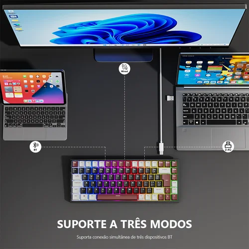 Imagen 2 del producto RK Royal Kludge RK84 Teclado mecánico brasileño para jugar 84 teclas RGB triodo BT5.0/2,4G/teclados inalámbricos intercambiables en caliente con cable